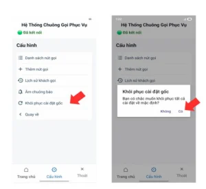 Khôi phục cài đặt gốc trên cài đặt chuông gọi nhà hàng